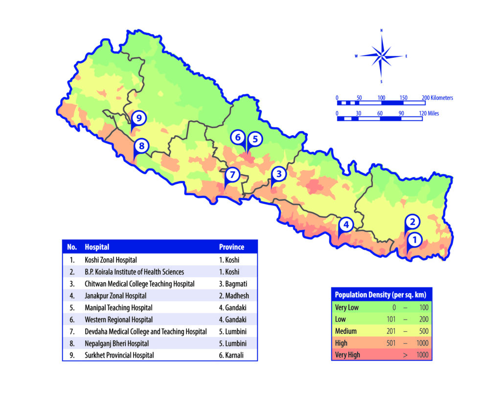 Map of Nepal Stroke Project participating Hospitals
